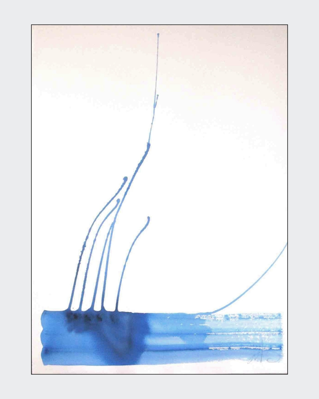 Abstrakte Papierarbeit „Water Blues 3“ von Amos Plaut mit freien blauen Farbfeldern, fließenden Übergängen und großzügigem hellem Bildraum.
