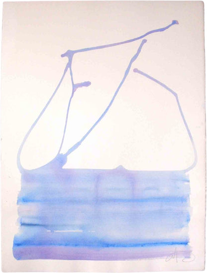 Abstraktes Werk „Water Blues 4“ von Amos Plaut mit gestischen blauen Farbflächen und transparenten Verläufen auf hellem Büttenpapier.