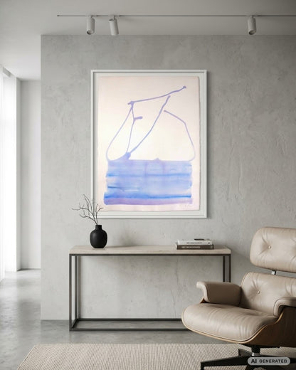 Abstraktes Werk „Water Blues 4“ von Amos Plaut mit gestischen blauen Farbflächen und transparenten Verläufen auf hellem Büttenpapier.