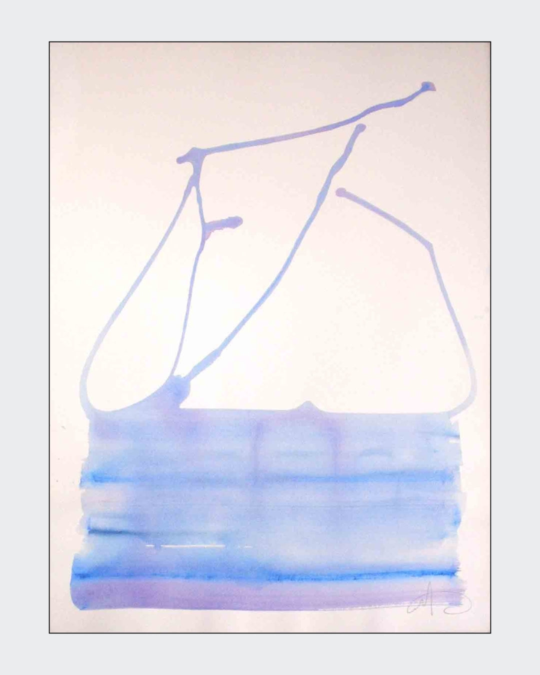 Abstraktes Werk „Water Blues 4“ von Amos Plaut mit gestischen blauen Farbflächen und transparenten Verläufen auf hellem Büttenpapier.
