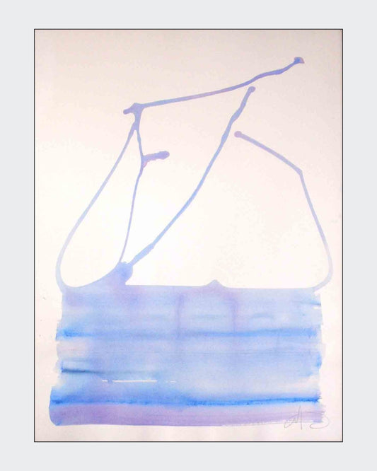 Abstraktes Werk „Water Blues 4“ von Amos Plaut mit gestischen blauen Farbflächen und transparenten Verläufen auf hellem Büttenpapier.