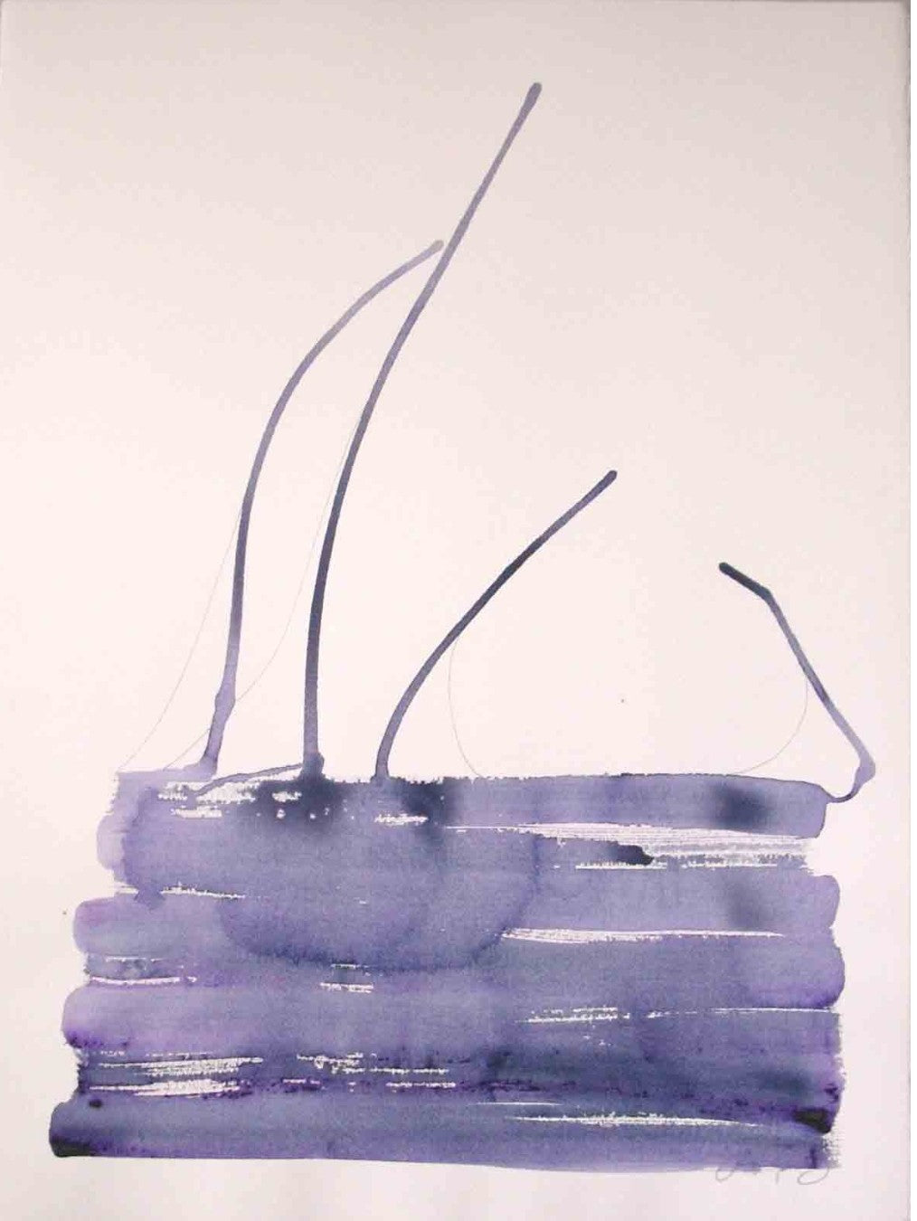 Abstrakte Papierarbeit „Water Blues 5“ von Amos Plaut mit fließendem Acryl in unterschiedlichen Blaunuancen und offenen hellen Flächen.