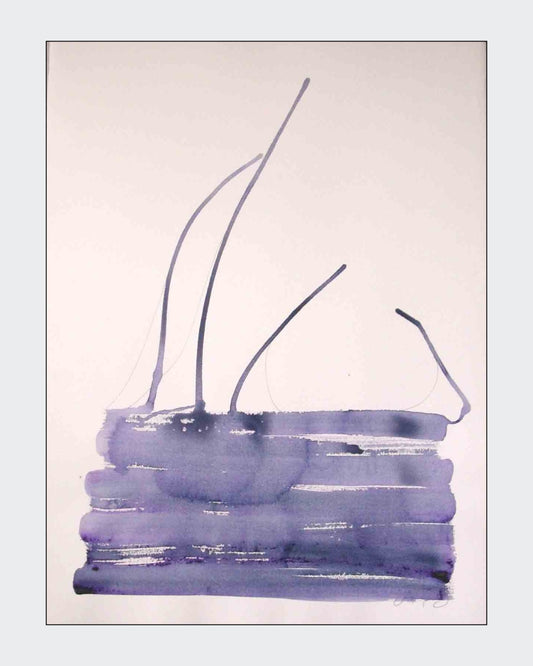 Abstrakte Papierarbeit „Water Blues 5“ von Amos Plaut mit fließendem Acryl in unterschiedlichen Blaunuancen und offenen hellen Flächen.