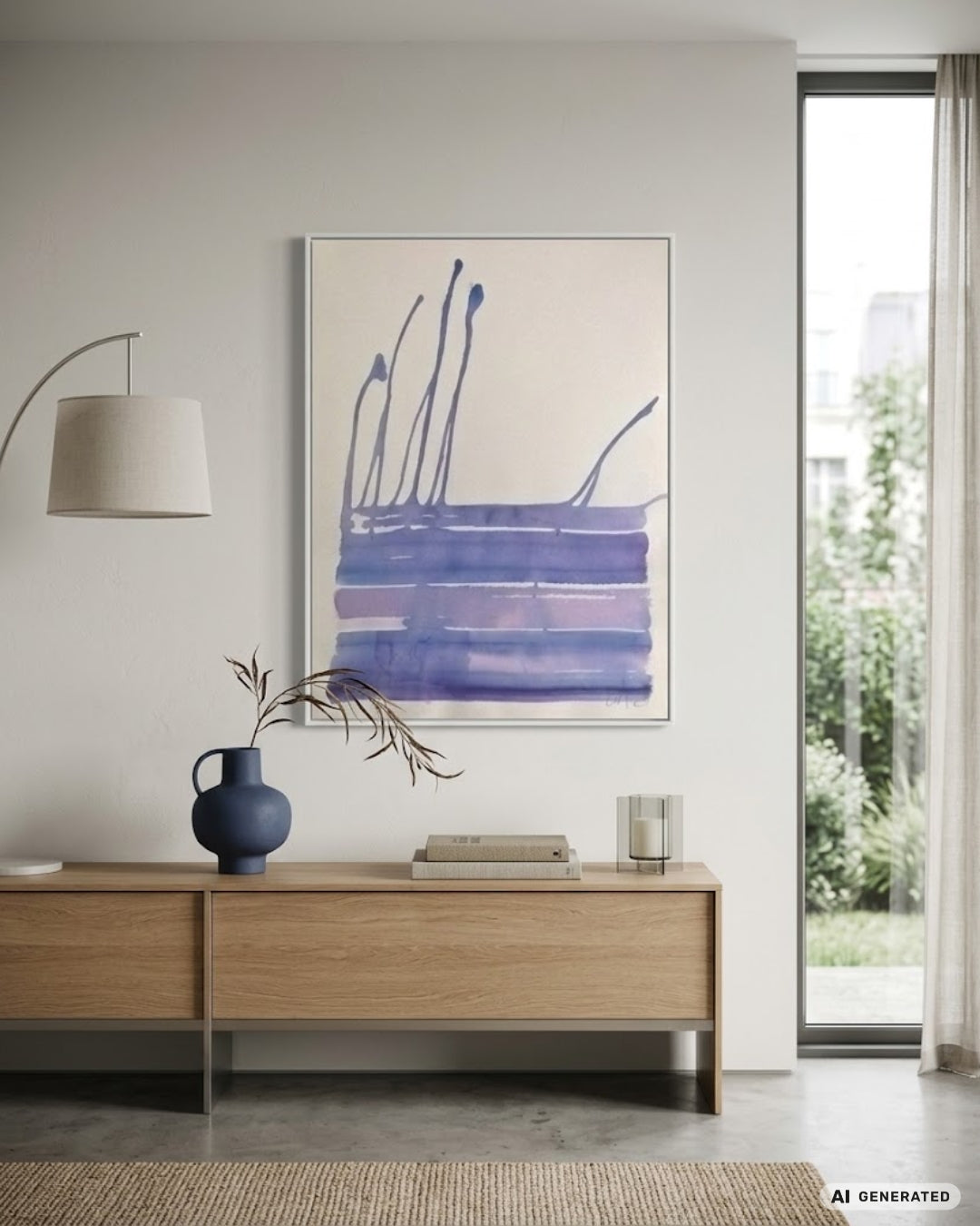 Abstraktes Werk „Water Blues 6“ von Amos Plaut mit fließenden blauen Acrylspuren und transparenten Überlagerungen auf Büttenpapier.