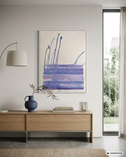 Abstraktes Werk „Water Blues 6“ von Amos Plaut mit fließenden blauen Acrylspuren und transparenten Überlagerungen auf Büttenpapier.