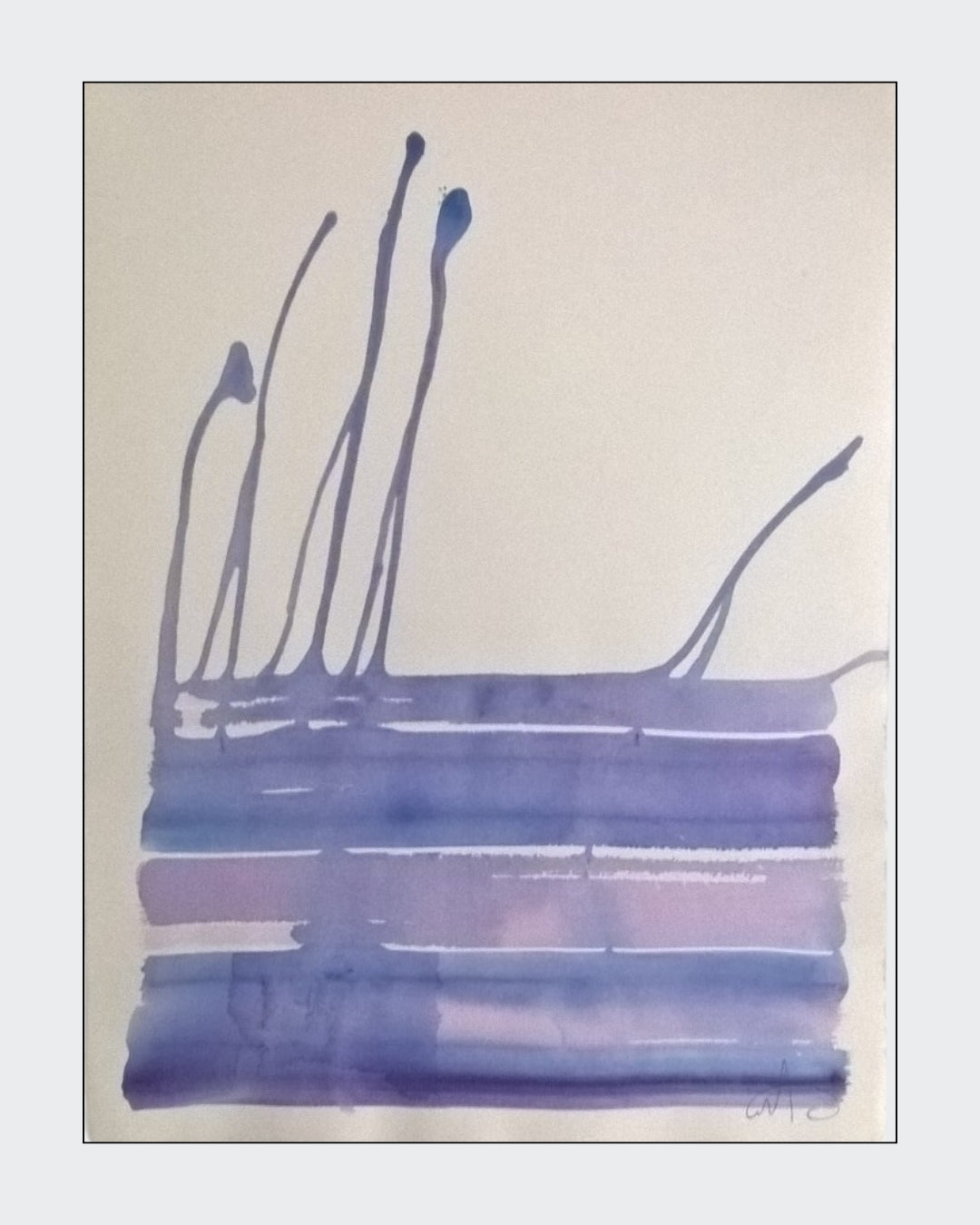 Abstraktes Werk „Water Blues 6“ von Amos Plaut mit fließenden blauen Acrylspuren und transparenten Überlagerungen auf Büttenpapier.