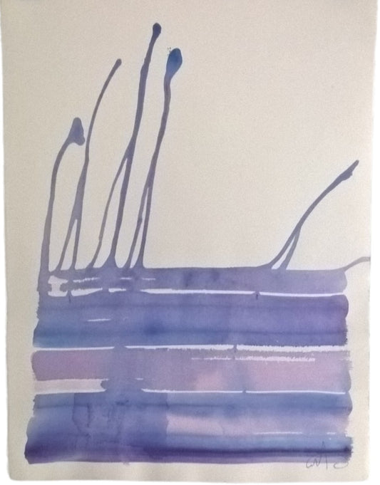 Abstraktes Werk „Water Blues 6“ von Amos Plaut mit fließenden blauen Acrylspuren und transparenten Überlagerungen auf Büttenpapier.