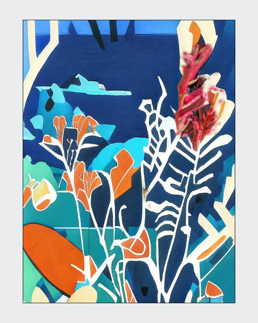 Angelika Wesener: Abstraktes Acrylgemälde "Artemisia". Stilisierte florale Formen in Blau, Türkis und Orange, 40x30 cm.
