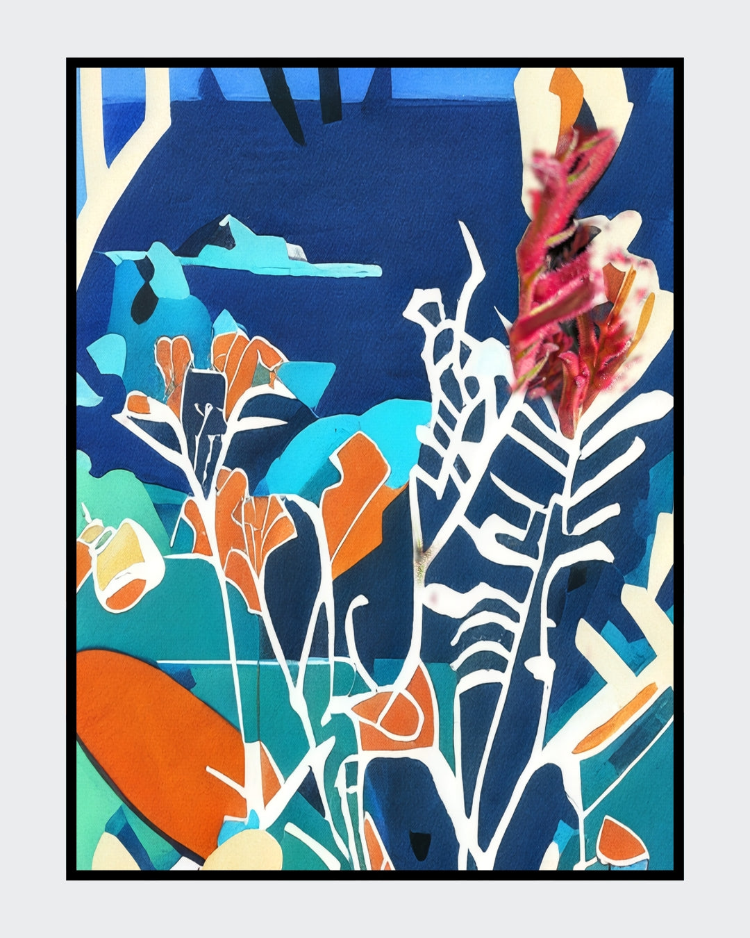 Angelika Wesener: Abstraktes Acrylgemälde "Artemisia". Stilisierte florale Formen in Blau, Türkis und Orange, 40x30 cm.