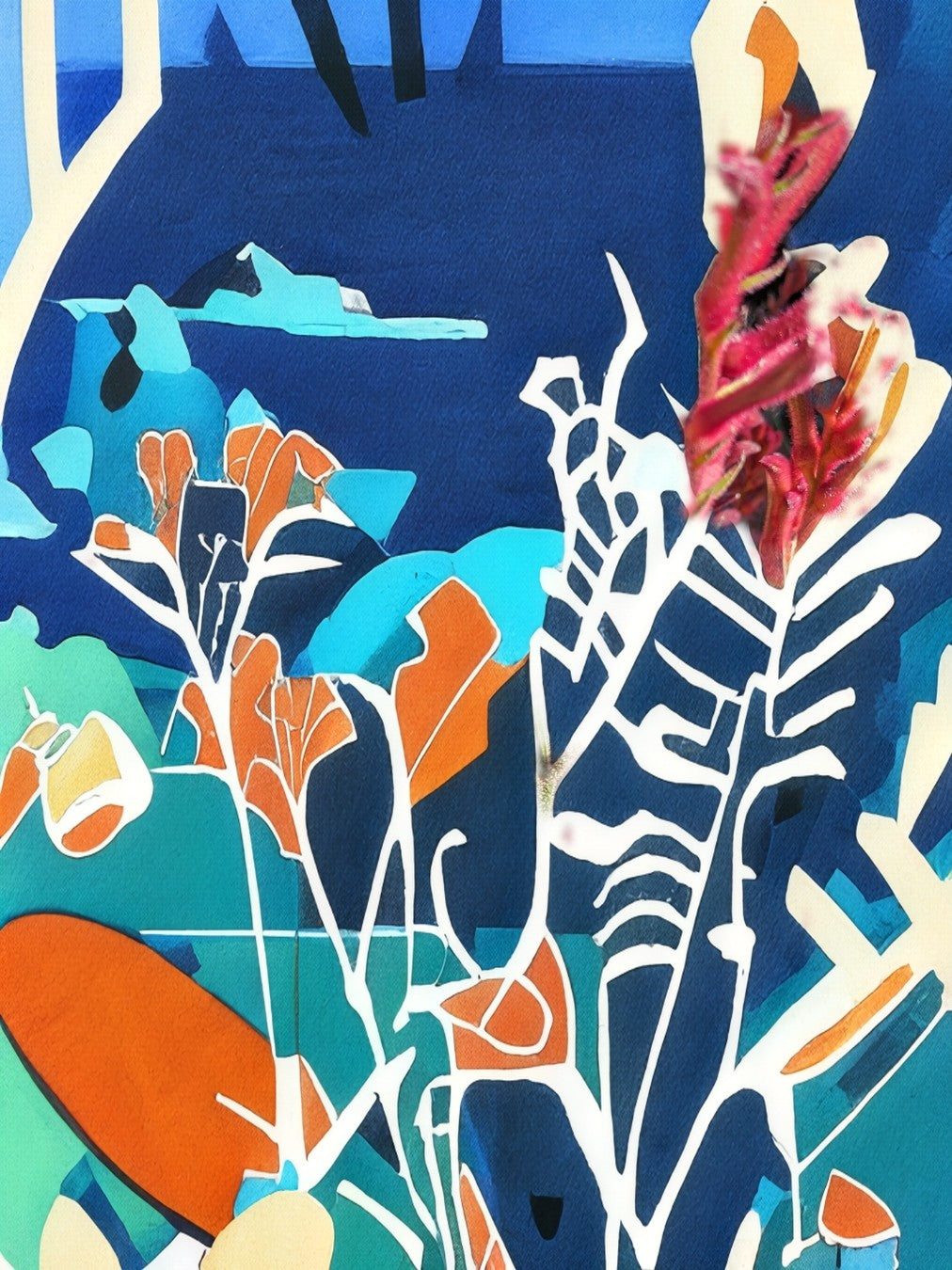 Angelika Wesener: Abstraktes Acrylgemälde "Artemisia". Stilisierte florale Formen in Blau, Türkis und Orange, 40x30 cm.