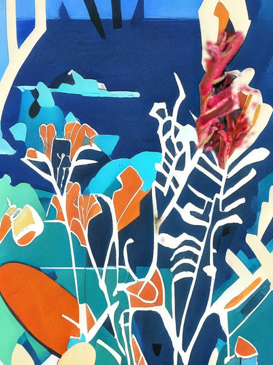 Angelika Wesener: Abstraktes Acrylgemälde "Artemisia". Stilisierte florale Formen in Blau, Türkis und Orange, 40x30 cm.