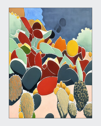 Angelika Wesener: Abstraktes Acrylgemälde "Cephalaria". Stilisierte Kakteen und Blüten in Ocker, Braun und Schwarz, 40x30 cm.
