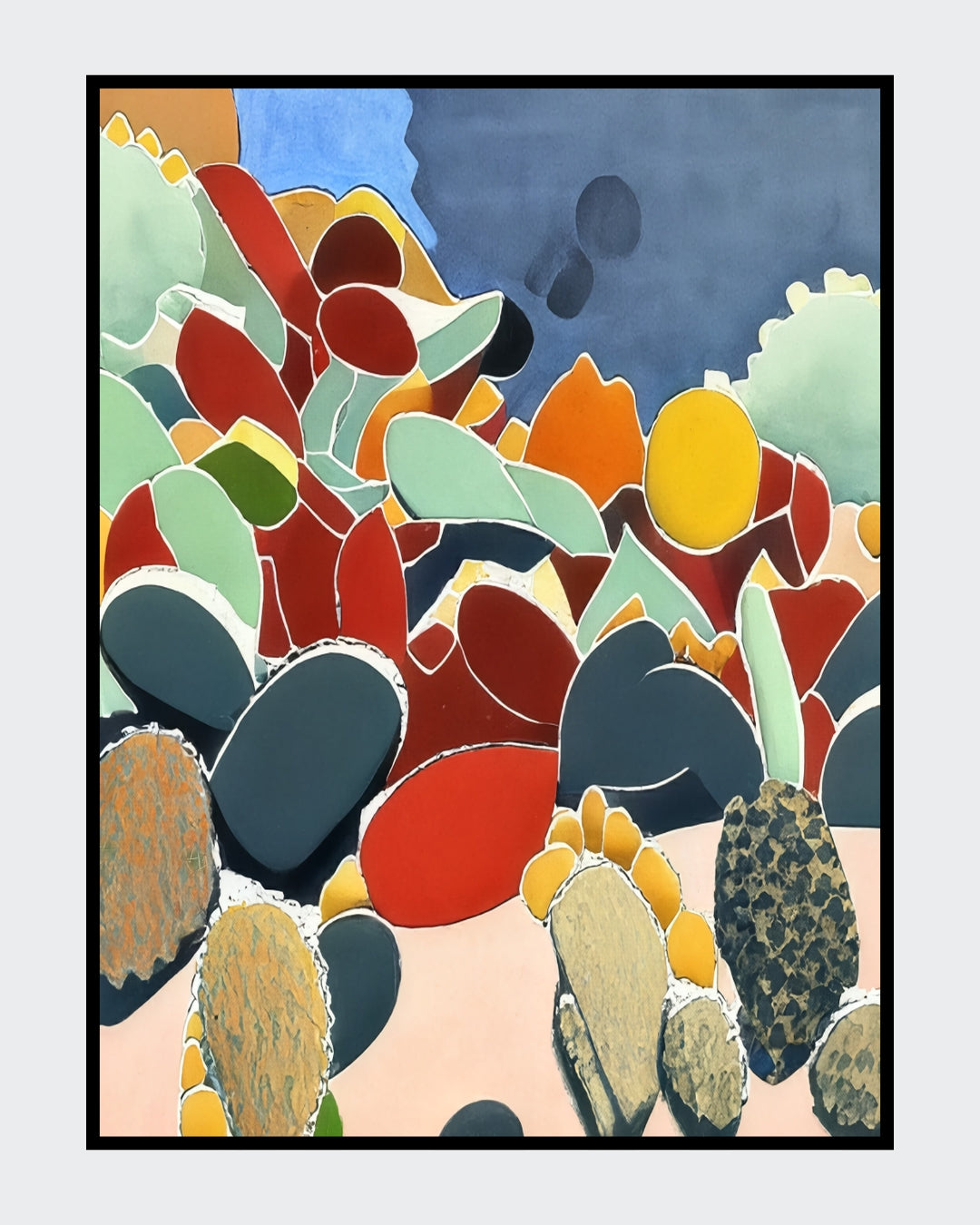 Angelika Wesener: Abstraktes Acrylgemälde "Cephalaria". Stilisierte Kakteen und Blüten in Ocker, Braun und Schwarz, 40x30 cm.