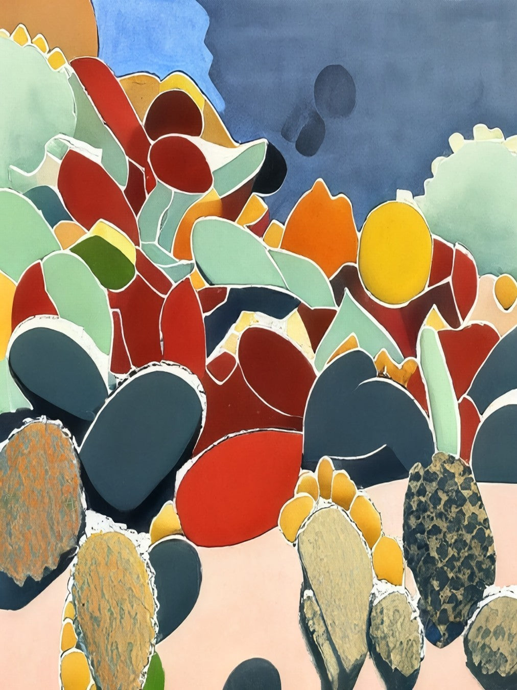 Angelika Wesener: Abstraktes Acrylgemälde "Cephalaria". Stilisierte Kakteen und Blüten in Ocker, Braun und Schwarz, 40x30 cm.