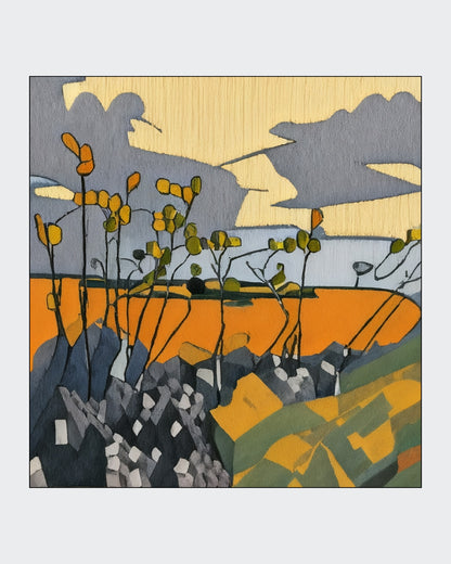 Angelika Wesener: Stilisierte abstrakte Landschaft in Gelb, Orange und Grau. Malerei mit floralen Elementen für die Online-Galerie ARTSPACER.