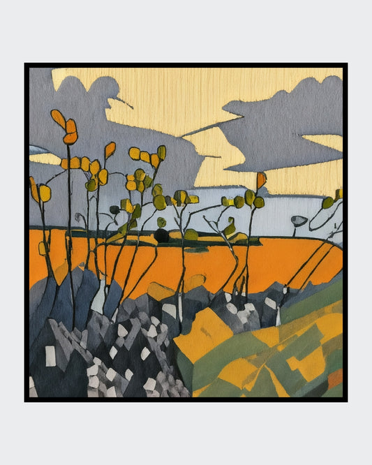 Angelika Wesener: Stilisierte abstrakte Landschaft in Gelb, Orange und Grau. Malerei mit floralen Elementen für die Online-Galerie ARTSPACER.