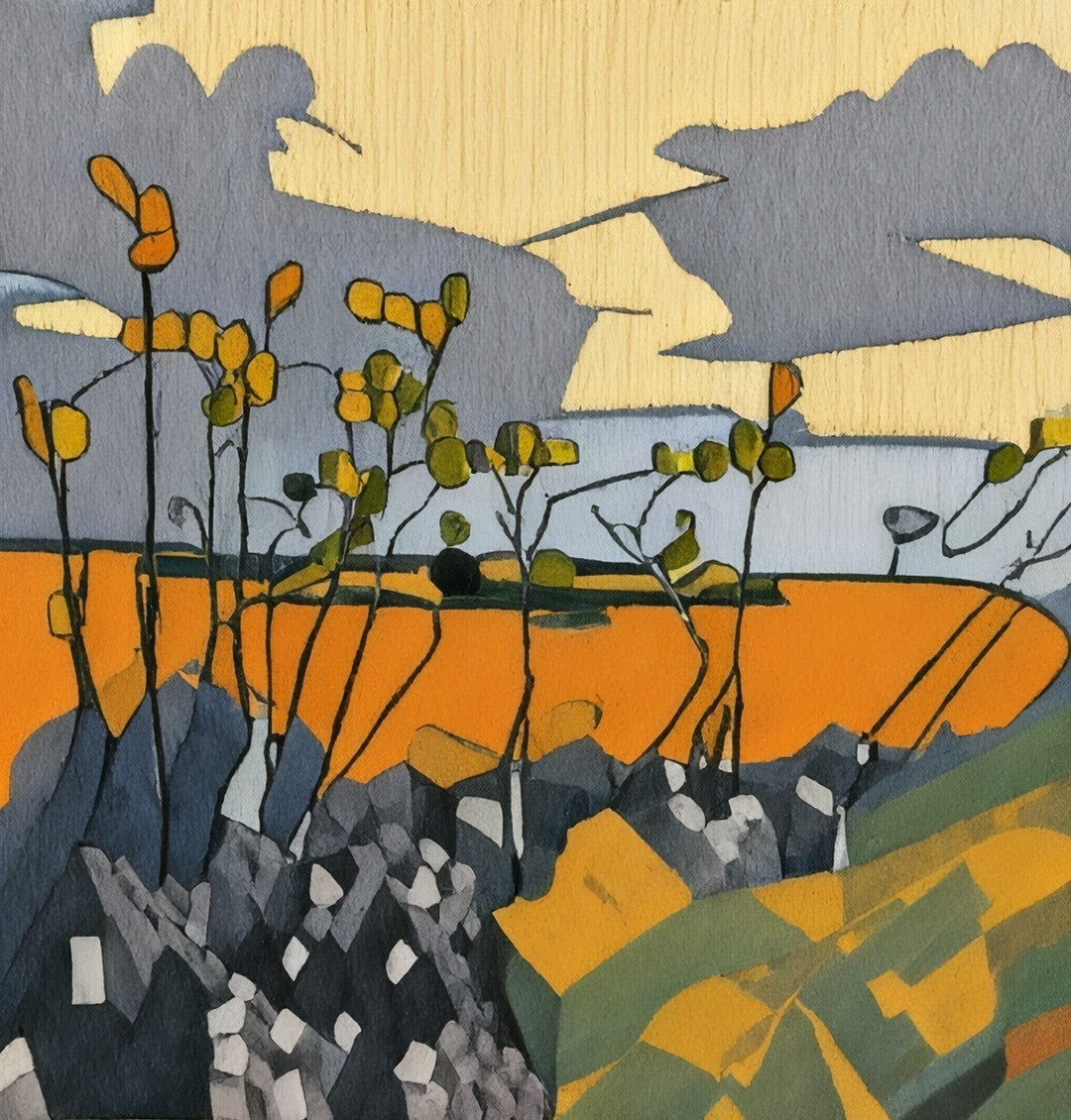 Angelika Wesener: Stilisierte abstrakte Landschaft in Gelb, Orange und Grau. Malerei mit floralen Elementen für die Online-Galerie ARTSPACER.