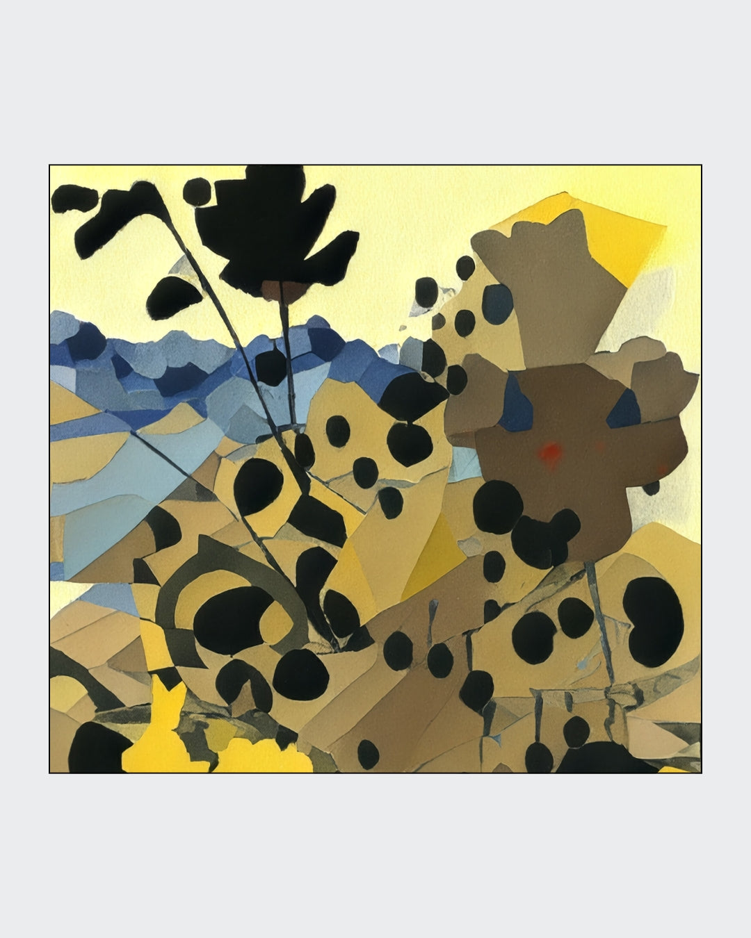 Angelika Wesener: Abstraktes Acrylgemälde "Hieracium". Stilisierte florale Formen in Gelb und Braun, 40x40 cm.