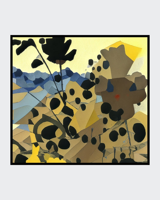 Angelika Wesener: Abstraktes Acrylgemälde "Hieracium". Stilisierte florale Formen in Gelb und Braun, 40x40 cm.