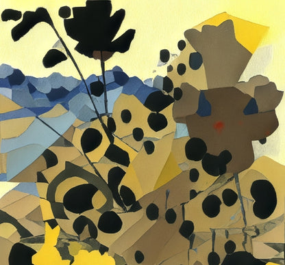 Angelika Wesener: Abstraktes Acrylgemälde "Hieracium". Stilisierte florale Formen in Gelb und Braun, 40x40 cm.