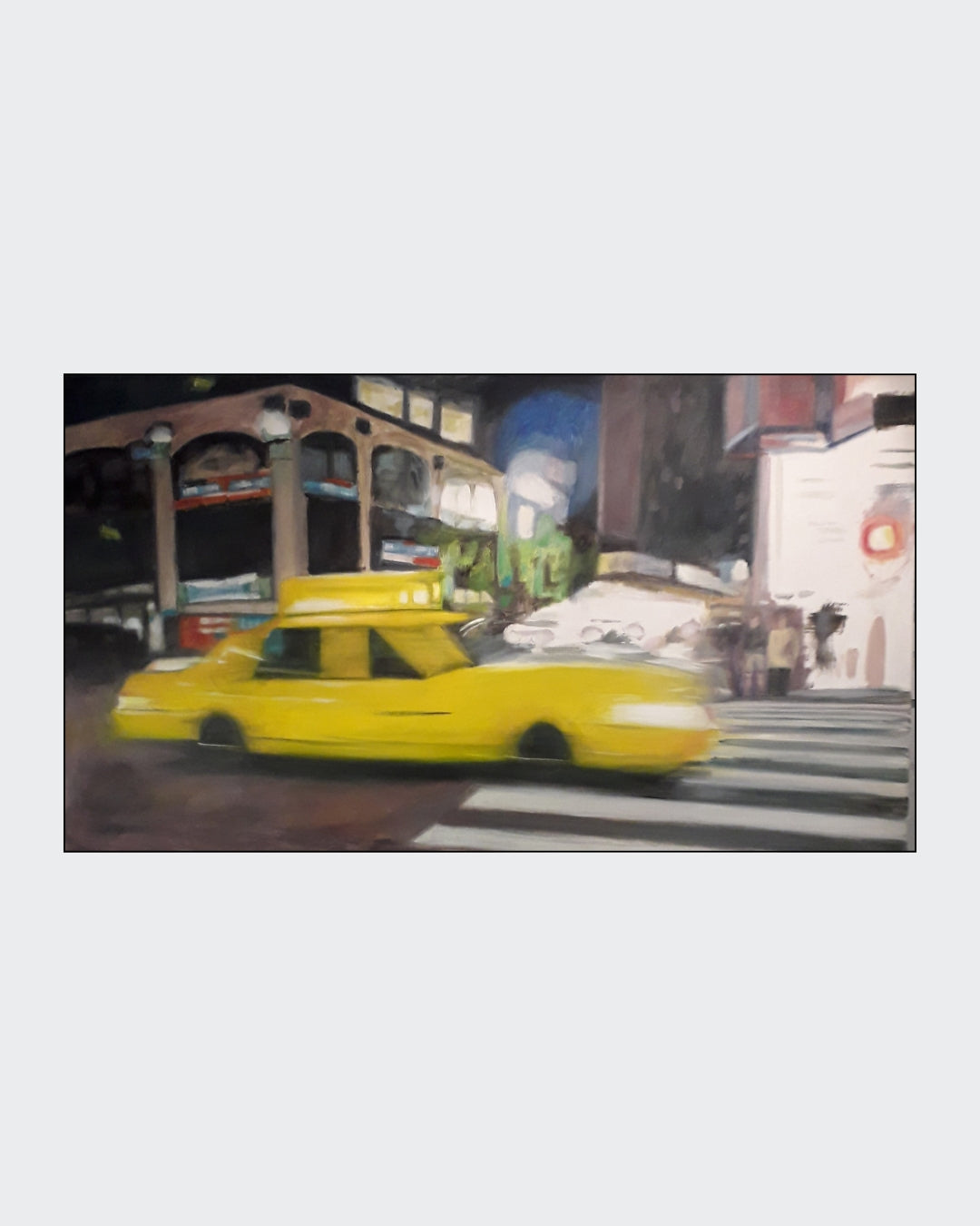 Ein abstraktes Ölgemälde auf Leinwand von Anke Dinkelbach, das ein New Yorker Taxi in leuchtenden Farben darstellt. Die dynamische Komposition fängt die Energie und den Trubel der Großstadt ein. Bei ARTSPACER.
