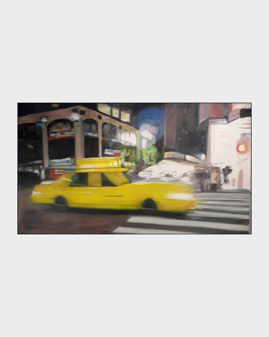 Ein abstraktes Ölgemälde auf Leinwand von Anke Dinkelbach, das ein New Yorker Taxi in leuchtenden Farben darstellt. Die dynamische Komposition fängt die Energie und den Trubel der Großstadt ein. Bei ARTSPACER.