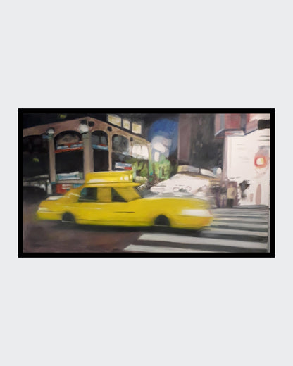 Ein abstraktes Ölgemälde auf Leinwand von Anke Dinkelbach, das ein New Yorker Taxi in leuchtenden Farben darstellt. Die dynamische Komposition fängt die Energie und den Trubel der Großstadt ein. Bei ARTSPACER.