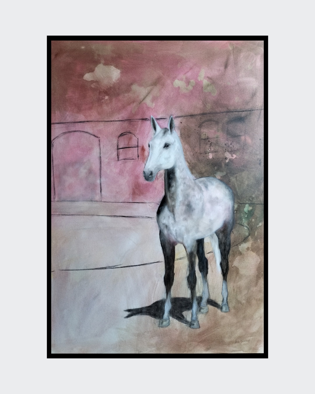 Pferd auf dem Reitplatz - Gemälde von Anke Dinkelbach

Dieses atmosphärische Gemälde zeigt ein hellgraues Pferd auf einem Reitplatz. Die Künstlerin Anke Dinkelbach fängt die ruhige Stimmung und die Eleganz des Tieres in Pastelltönen ein. Erhältlich bei ARTSPACER.