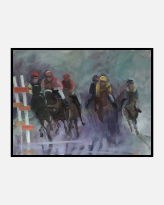 Mehrere Pferde in Bewegung mit farbigen Reitern und dynamischen verschwommenen Übergängen.