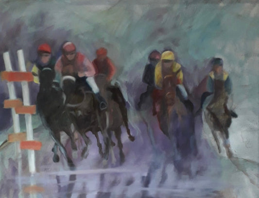 Mehrere Pferde in Bewegung mit farbigen Reitern und dynamischen verschwommenen Übergängen.