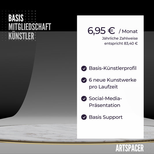 Das Bild bewirbt die Künstler Basis-Mitgliedschaft bei ARTSPACER.  Es sind die Vorteile der Mitgliedschaft im Detail aufgelistet: Anzahl der neuen Kunstwerke pro Jahr, erhöhte Sichtbarkeit in sozialen Medien und Unterstützung der Künstlerpersönlichkeit. 