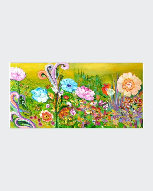 Farbenfrohes Acrylgemälde mit floralen, impressionistischen Blütenformen und dekorativen Schwüngen; Werk ‚Die Wiederentdeckung des Paradieses‘ von Dr. Blanka Mandel.