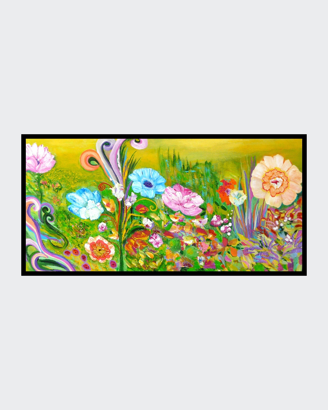 Farbenfrohes Acrylgemälde mit floralen, impressionistischen Blütenformen und dekorativen Schwüngen; Werk ‚Die Wiederentdeckung des Paradieses‘ von Dr. Blanka Mandel.