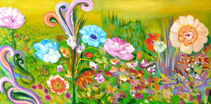 Farbenfrohes Acrylgemälde mit floralen, impressionistischen Blütenformen und dekorativen Schwüngen; Werk ‚Die Wiederentdeckung des Paradieses‘ von Dr. Blanka Mandel.