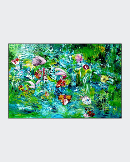 Acrylgemälde auf Holz mit üppigen Grünflächen und farbigen Blütenakzenten; lebendige, naturhafte Komposition; Werk ‚Do you remember‘ von Dr. Blanka Mandel.