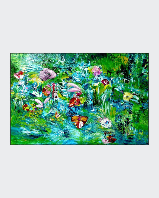 Acrylgemälde auf Holz mit üppigen Grünflächen und farbigen Blütenakzenten; lebendige, naturhafte Komposition; Werk ‚Do you remember‘ von Dr. Blanka Mandel.