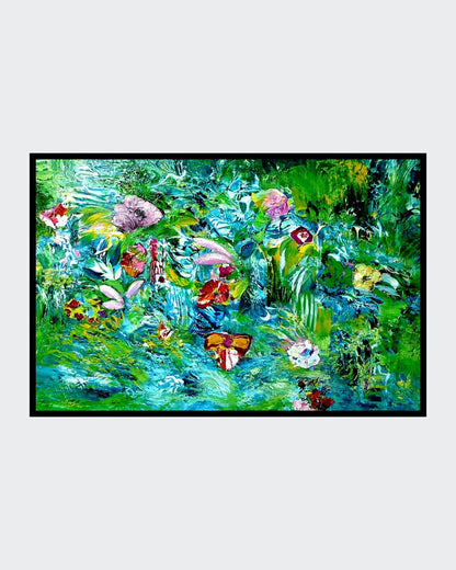 Acrylgemälde auf Holz mit üppigen Grünflächen und farbigen Blütenakzenten; lebendige, naturhafte Komposition; Werk ‚Do you remember‘ von Dr. Blanka Mandel.