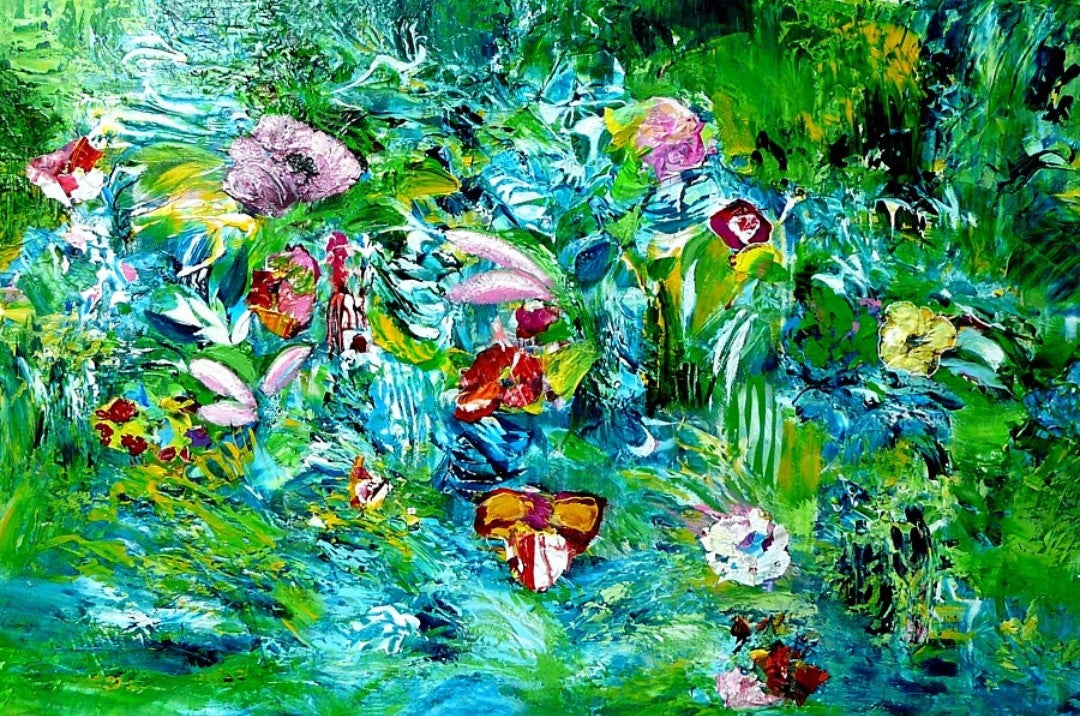 Acrylgemälde auf Holz mit üppigen Grünflächen und farbigen Blütenakzenten; lebendige, naturhafte Komposition; Werk ‚Do you remember‘ von Dr. Blanka Mandel.