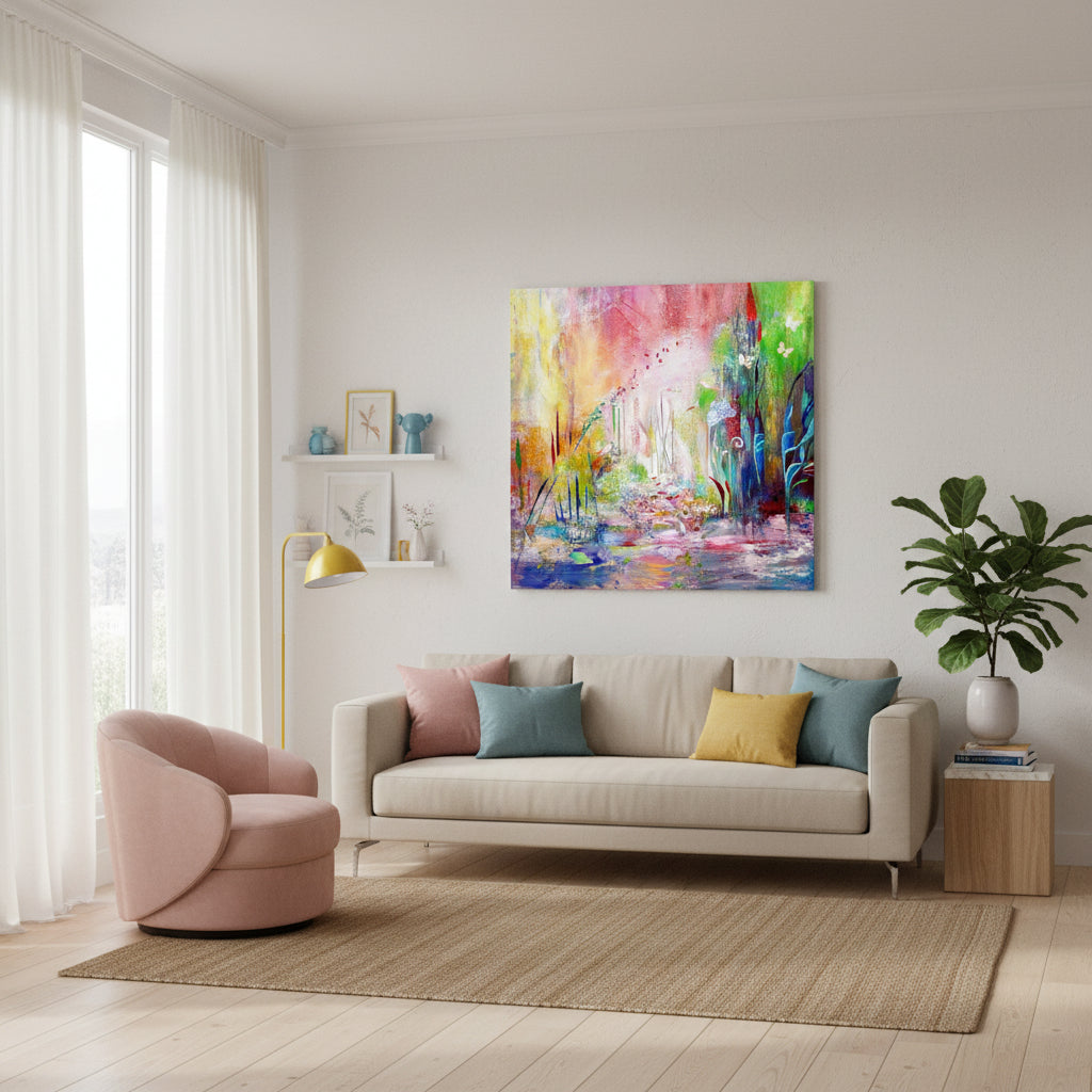 Abstraktes, farbleuchtendes Mischtechnik‑Gemälde mit Acryl und zarten Materialstrukturen auf Leinwand; Werk ‚Ein Glücksmoment‘ von Dr. Blanka Mandel, ARTSPACER.