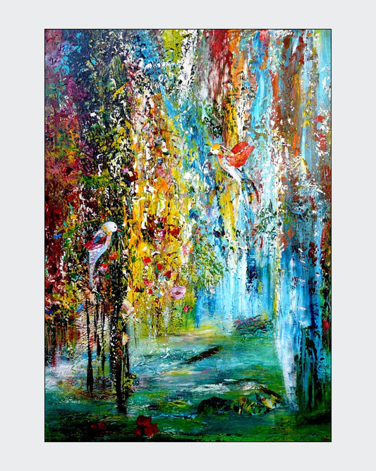 Farbstarkes Acrylgemälde mit pastoser Spachtelstruktur und naturhaften, paradiesisch anmutenden Farbflächen; Werk ‚Ein Stück vom Paradies‘ von Dr. Blanka Mandel.