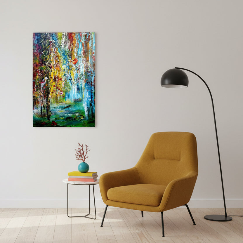 Farbstarkes Acrylgemälde mit pastoser Spachtelstruktur und naturhaften, paradiesisch anmutenden Farbflächen; Werk ‚Ein Stück vom Paradies‘ von Dr. Blanka Mandel.