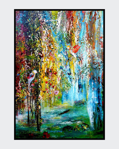 Farbstarkes Acrylgemälde mit pastoser Spachtelstruktur und naturhaften, paradiesisch anmutenden Farbflächen; Werk ‚Ein Stück vom Paradies‘ von Dr. Blanka Mandel.