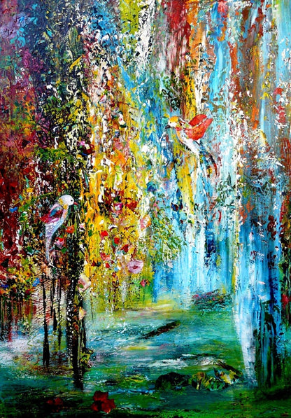 Farbstarkes Acrylgemälde mit pastoser Spachtelstruktur und naturhaften, paradiesisch anmutenden Farbflächen; Werk ‚Ein Stück vom Paradies‘ von Dr. Blanka Mandel.