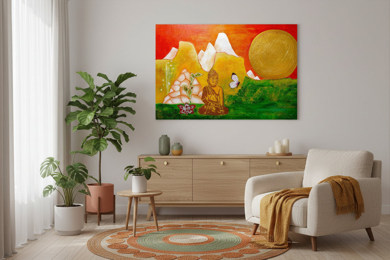 Acrylgemälde in warmen Rot‑ und Orangetönen mit symbolischen Formen, einer runden Sonnenform und einer meditierenden Figur; Werk ‚Ende der Eiszeit‘ von Dr. Blanka Mandel.