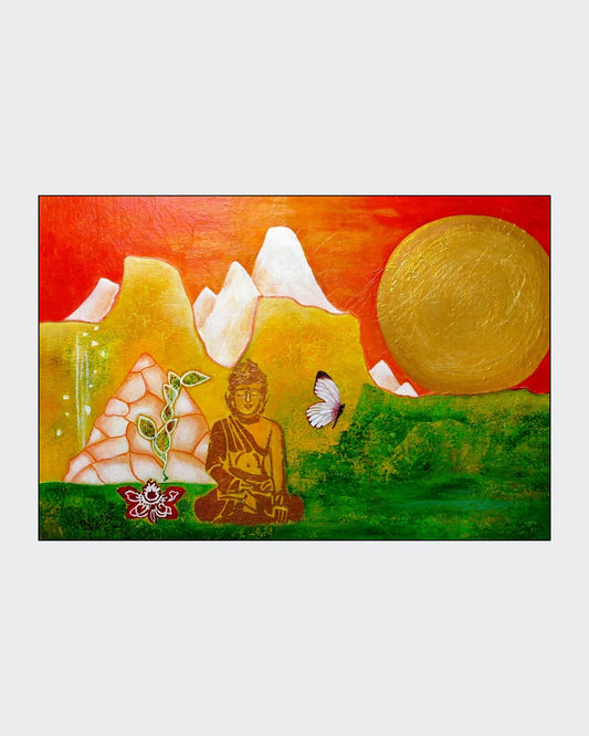 Acrylgemälde in warmen Rot‑ und Orangetönen mit symbolischen Formen, einer runden Sonnenform und einer meditierenden Figur; Werk ‚Ende der Eiszeit‘ von Dr. Blanka Mandel.