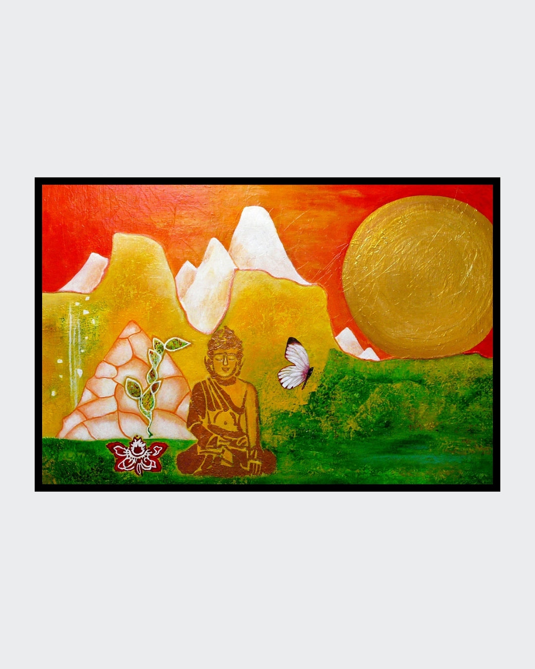 Acrylgemälde in warmen Rot‑ und Orangetönen mit symbolischen Formen, einer runden Sonnenform und einer meditierenden Figur; Werk ‚Ende der Eiszeit‘ von Dr. Blanka Mandel.