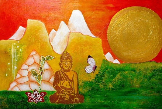 Acrylgemälde in warmen Rot‑ und Orangetönen mit symbolischen Formen, einer runden Sonnenform und einer meditierenden Figur; Werk ‚Ende der Eiszeit‘ von Dr. Blanka Mandel.