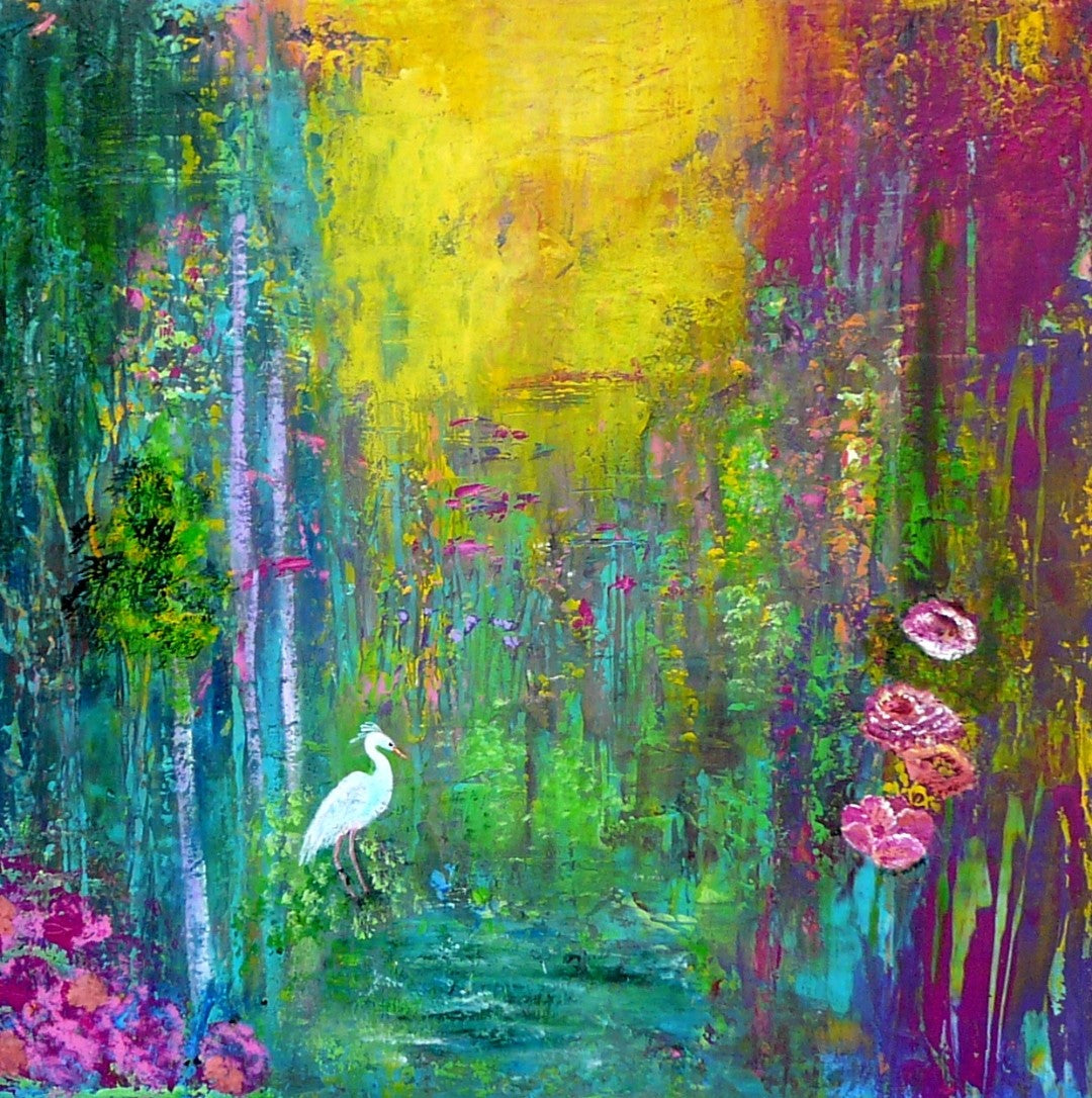 Acrylgemälde mit kräftigen, gespachtelten Farbschichten in Grün‑, Blau‑ und Lichttönen; Werk ‚Erneuerung‘ von Dr. Blanka Mandel.