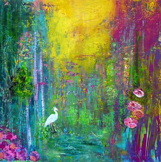 Acrylgemälde mit kräftigen, gespachtelten Farbschichten in Grün‑, Blau‑ und Lichttönen; Werk ‚Erneuerung‘ von Dr. Blanka Mandel.