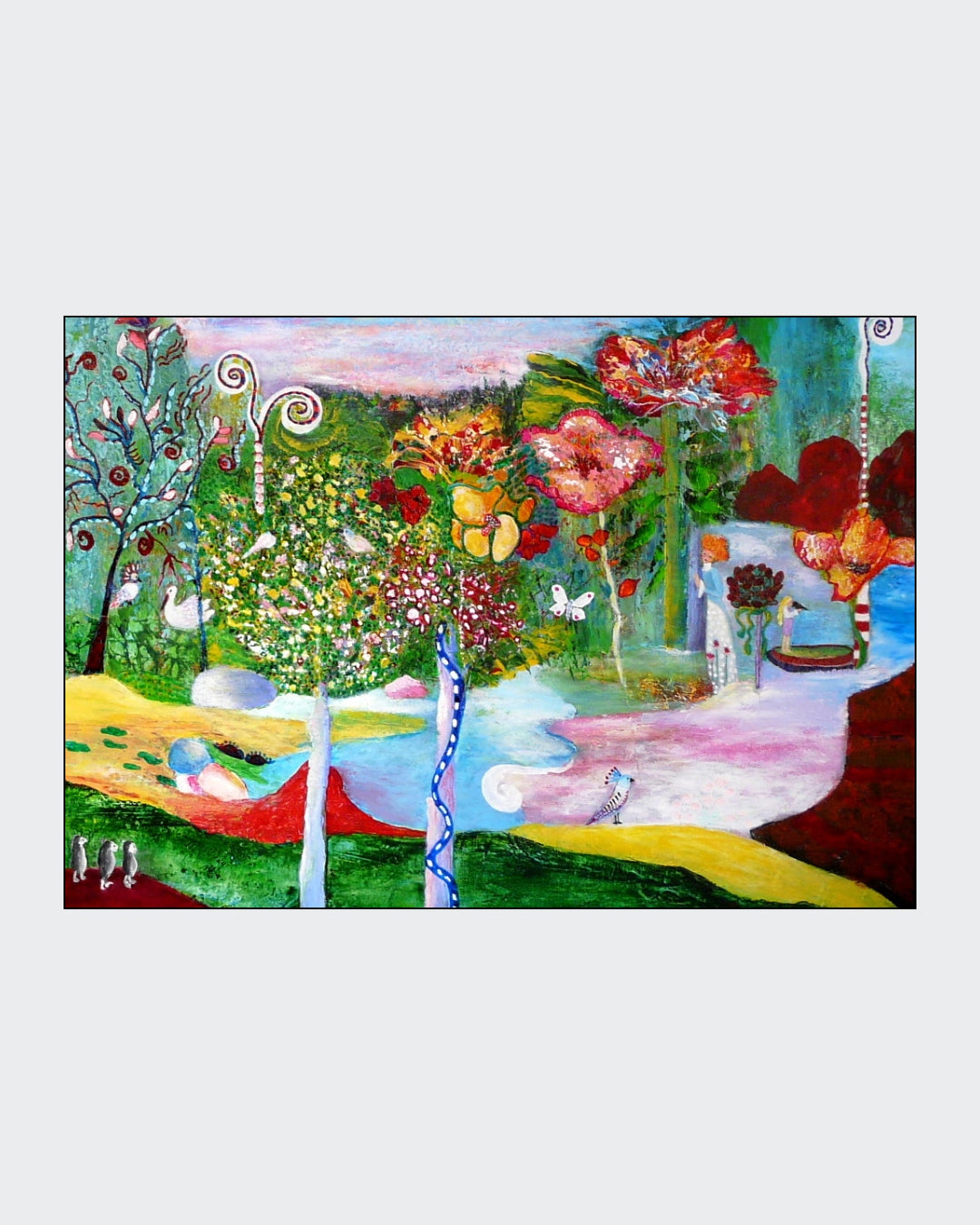 Buntes Acrylgemälde mit naiv‑poetischer Landschaft, leuchtenden Farben und verspielten Formen; Werk ‚Meine kleine Insel‘ von Dr. Blanka Mandel.
